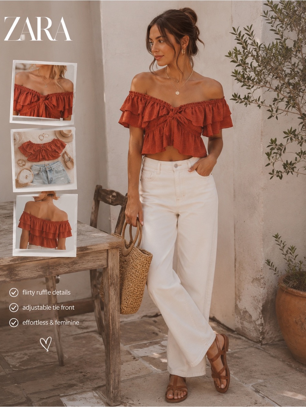 Boho Zara Rust Orange Off-Shoulder Tie-Front Crop Top